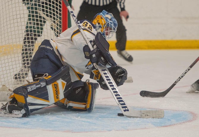 Mathew Gover made 25 saves in the Men's Hockey game at Westfield State,