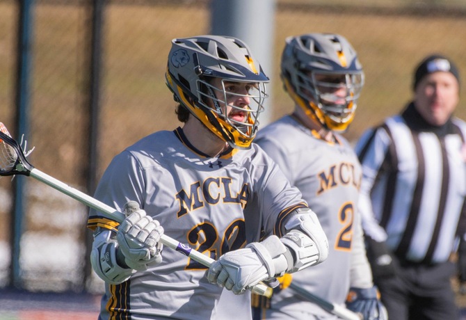 MCLA's Anthony Andolina scored twice and added an assist this afternoon at Keystone College.