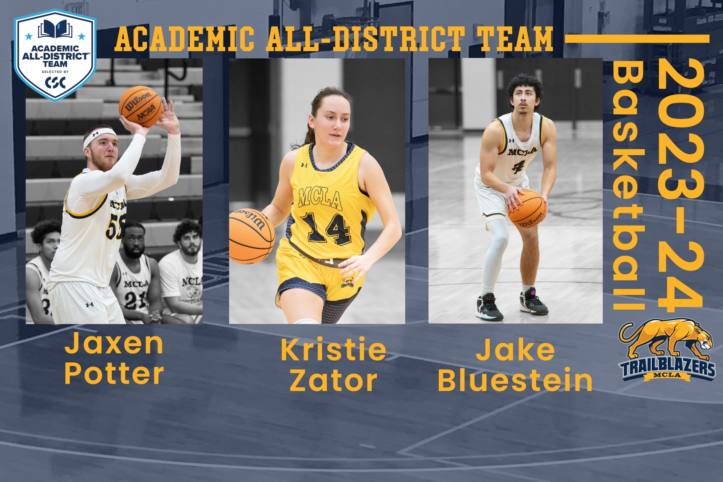 MCLA's Jake Bluestein, Jaxen Potter, and Kristie Zator earned CSC Academic All-District recognition.