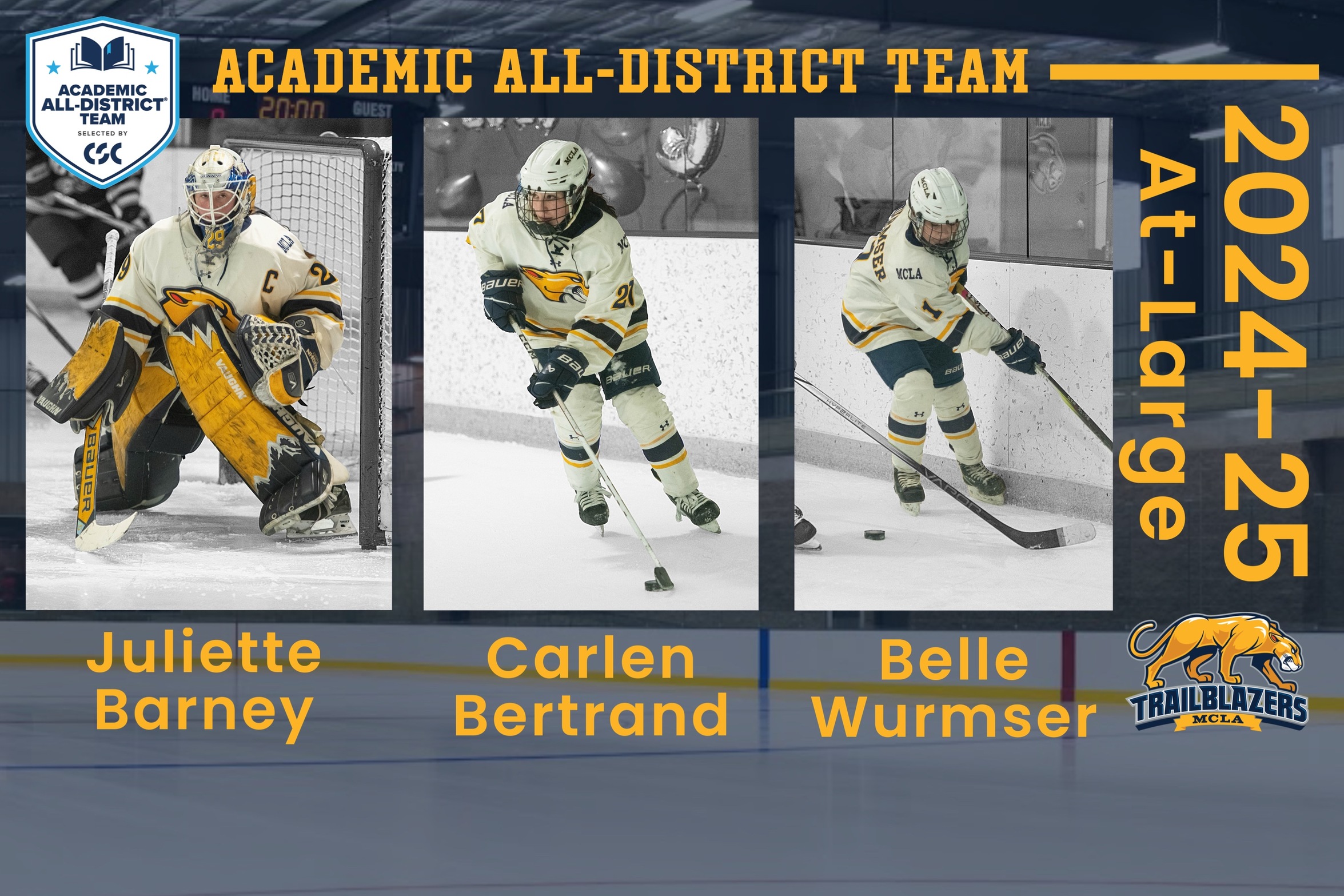 Barney, Bertrand, and Wurmser Earn CSC At-Large Academic All-District Honors